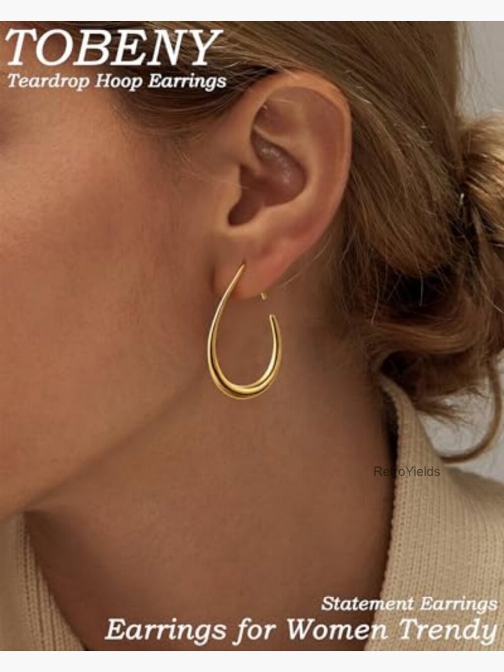 Teardrop Hoop Earrings 14K Gold Plated Oval Pull Through Hypoallergenic - Picture 3 of 7